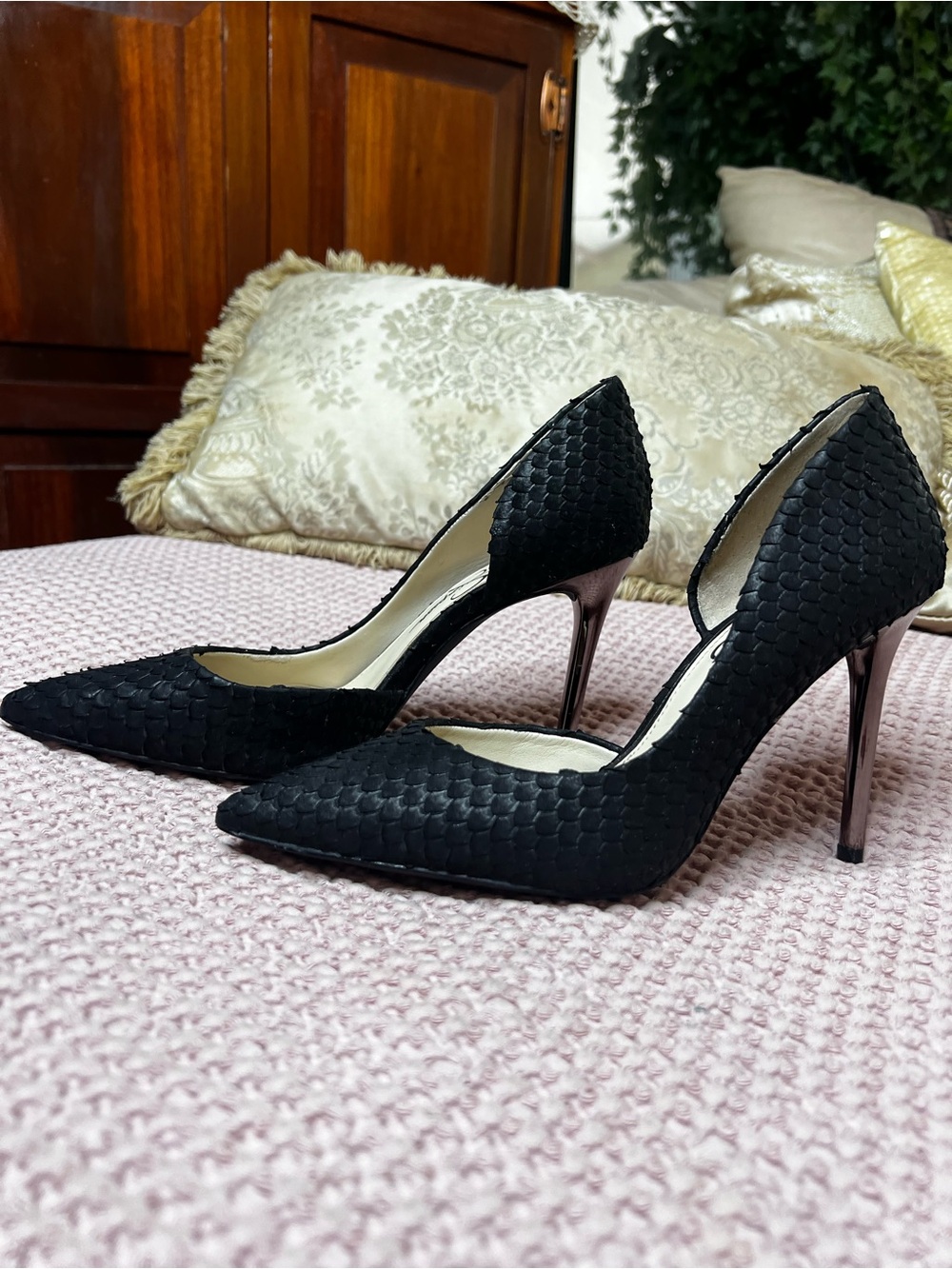 Jessica Simpson Lucina Black Snake Embossed Leather D’Orsay Pumps 8M.